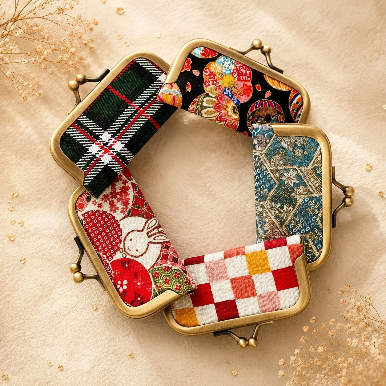 Handmade pouches arranged to show their varied Japanese-inspired fabric patterns.