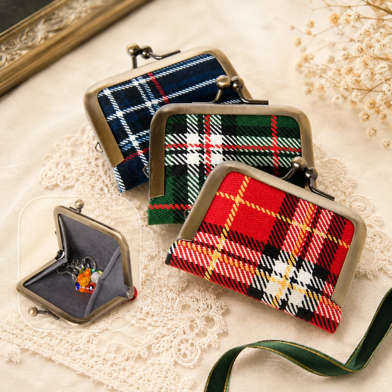 Tartan-check gamaguchi jewelry pouch from the Saiho series