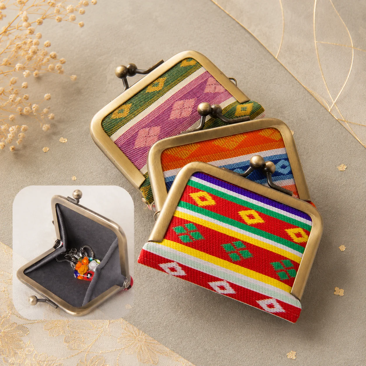 Saiho gamaguchi jewelry pouch in the traditional Ungen pattern